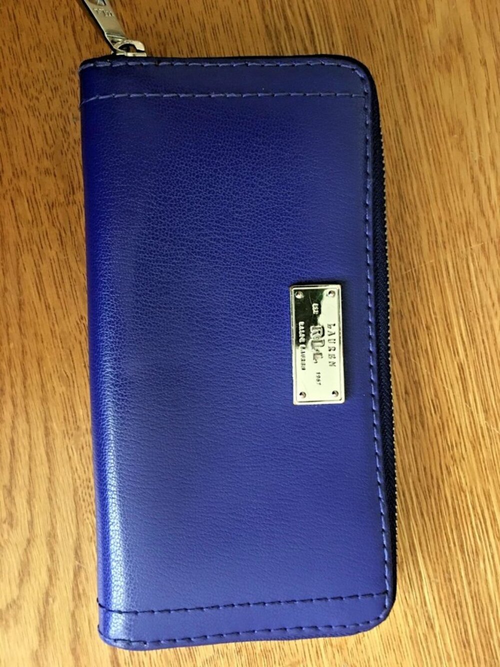 Lauren Ralph Lauren Blue Zip Around Wallet with Silver Plaque